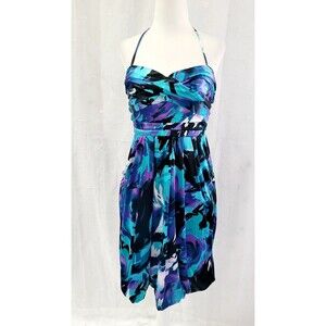 INTRIGUE Halter Blue Balloon/Bubble Hem Dress Pockets Stretch Party Women's 8